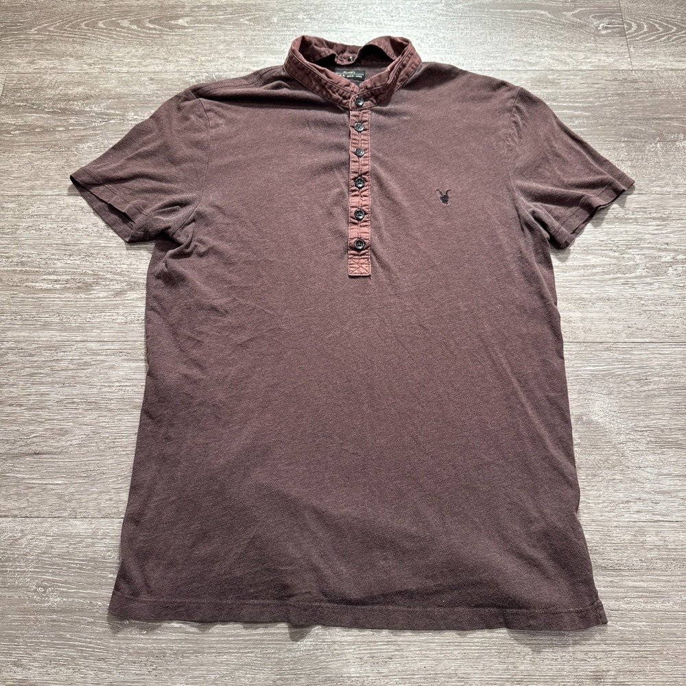 AllSaints Polo Shirt Mens Small Brown Cotton Ramskull Logo Grunge Indie Popover